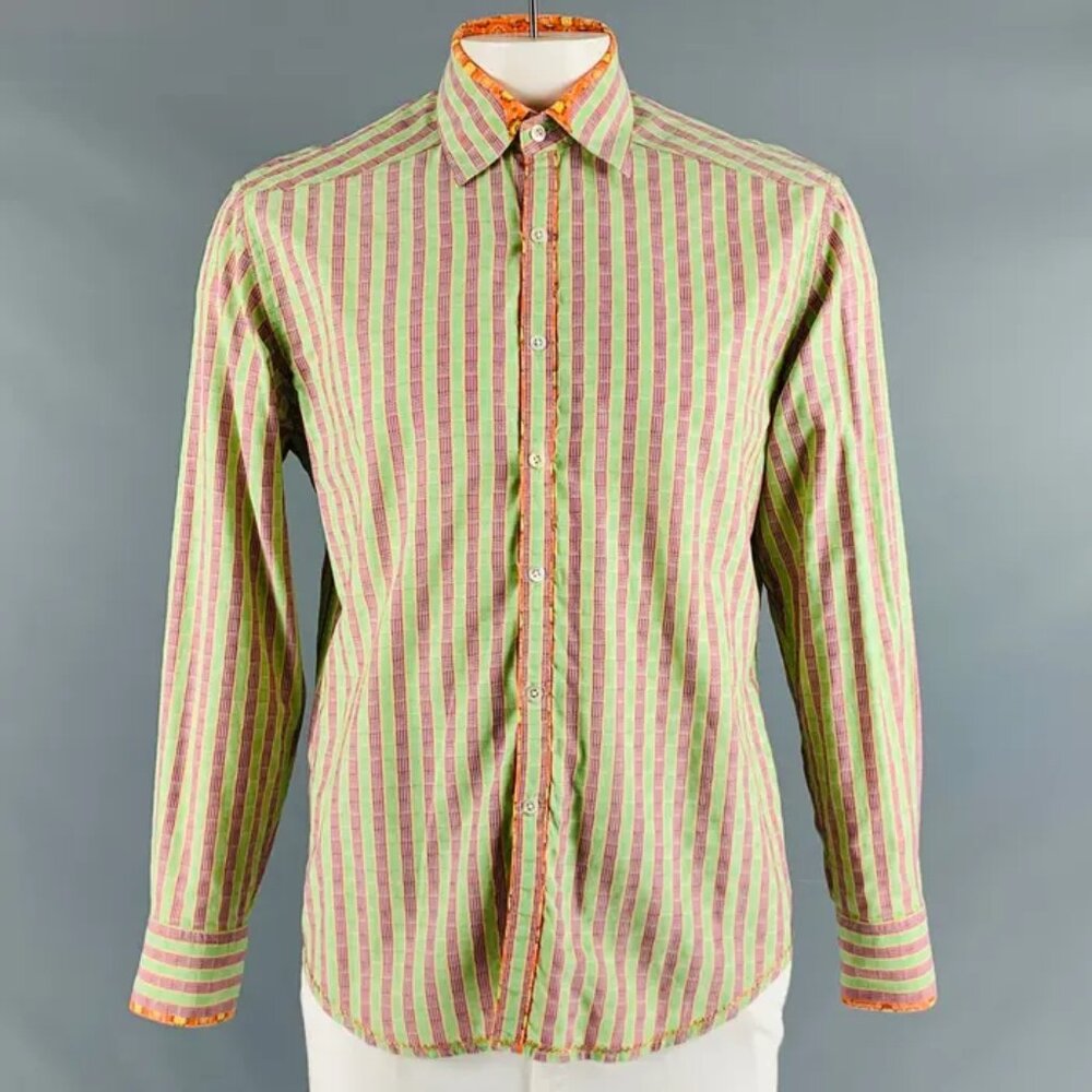 ❤️ROBERT GRAHAM Ltd Edition Green Navy Orange Stripe Cotton Long Sleeve Shirt  M